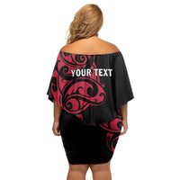 All Black Maori Tribal Tattoo Personalised Family Matching Off Shoulder Short Dress and Hawaiian Shirt Classic Red Polynesian Style - Polynesian Pride