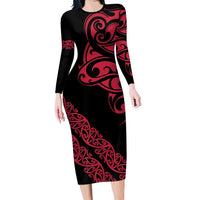 All Black Maori Tribal Tattoo Personalised Long Sleeve Bodycon Dress Classic Red Polynesian Style - Polynesian Pride