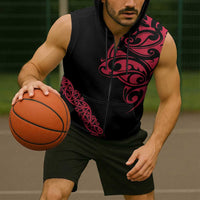 All Black Maori Tribal Tattoo Personalised Sleeveless Zip Hoodie Classic Red Polynesian Style LT9