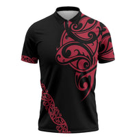All Black Maori Tribal Tattoo Personalised Zipper Polo Shirt Classic Red Polynesian Style - Polynesian Pride