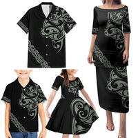 All Black Maori Tribal Tattoo Personalised Family Matching Puletasi and Hawaiian Shirt Moss Green Polynesian Style - Polynesian Pride