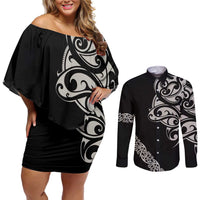 All Black Maori Tribal Tattoo Personalised Couples Matching Off Shoulder Short Dress and Long Sleeve Button Shirt Stone Gray Polynesian Style - Polynesian Pride