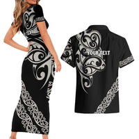All Black Maori Tribal Tattoo Personalised Couples Matching Short Sleeve Bodycon Dress and Hawaiian Shirt Stone Gray Polynesian Style - Polynesian Pride