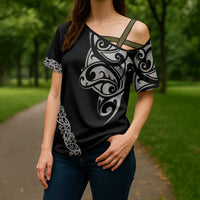 All Black Maori Tribal Tattoo Personalised Cross Shoulder Shirt Stone Gray Polynesian Style - Polynesian Pride