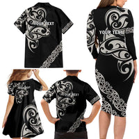 All Black Maori Tribal Tattoo Personalised Family Matching Long Sleeve Bodycon Dress and Hawaiian Shirt Stone Gray Polynesian Style - Polynesian Pride