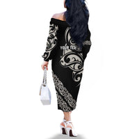 All Black Maori Tribal Tattoo Personalised Family Matching Off The Shoulder Long Sleeve Dress and Hawaiian Shirt Stone Gray Polynesian Style - Polynesian Pride
