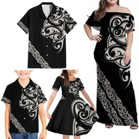 All Black Maori Tribal Tattoo Personalised Family Matching Off Shoulder Maxi Dress and Hawaiian Shirt Stone Gray Polynesian Style - Polynesian Pride