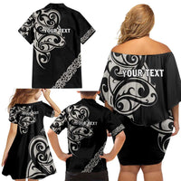 All Black Maori Tribal Tattoo Personalised Family Matching Off Shoulder Short Dress and Hawaiian Shirt Stone Gray Polynesian Style - Polynesian Pride