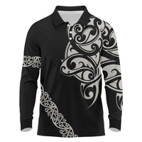 All Black Maori Tribal Tattoo Personalised Long Sleeve Polo Shirt Stone Gray Polynesian Style - Polynesian Pride