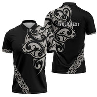 All Black Maori Tribal Tattoo Personalised Zipper Polo Shirt Stone Gray Polynesian Style - Polynesian Pride