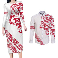 All White Maori Tribal Tattoo Personalised Couples Matching Long Sleeve Bodycon Dress and Long Sleeve Button Shirt Classic Red Polynesian Style - Polynesian Pride