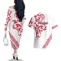 All White Maori Tribal Tattoo Personalised Couples Matching Off The Shoulder Long Sleeve Dress and Hawaiian Shirt Classic Red Polynesian Style - Polynesian Pride