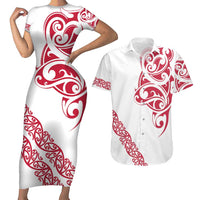 All White Maori Tribal Tattoo Personalised Couples Matching Short Sleeve Bodycon Dress and Hawaiian Shirt Classic Red Polynesian Style - Polynesian Pride