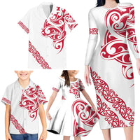 All White Maori Tribal Tattoo Personalised Family Matching Long Sleeve Bodycon Dress and Hawaiian Shirt Classic Red Polynesian Style - Polynesian Pride