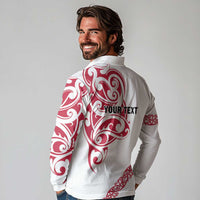 All White Maori Tribal Tattoo Personalised Long Sleeve Polo Shirt Classic Red Polynesian Style - Polynesian Pride