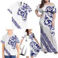 All White Maori Tribal Tattoo Personalised Family Matching Off Shoulder Maxi Dress and Hawaiian Shirt Dark Blue Polynesian Style - Polynesian Pride