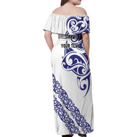 All White Maori Tribal Tattoo Personalised Family Matching Off Shoulder Maxi Dress and Hawaiian Shirt Dark Blue Polynesian Style - Polynesian Pride