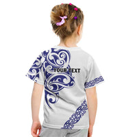 All White Maori Tribal Tattoo Personalised Kid T Shirt Dark Blue Polynesian Style - Polynesian Pride