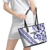 All White Maori Tribal Tattoo Personalised Leather Tote Bag Dark Blue Polynesian Style - Polynesian Pride