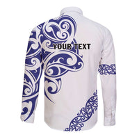 All White Maori Tribal Tattoo Personalised Long Sleeve Button Shirt Dark Blue Polynesian Style - Polynesian Pride