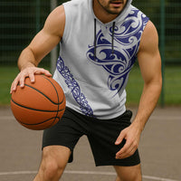 All White Maori Tribal Tattoo Personalised Sleeveless Hoodie Dark Blue Polynesian Style - Polynesian Pride