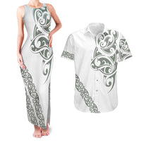 All White Maori Tribal Tattoo Personalised Couples Matching Tank Maxi Dress and Hawaiian Shirt Moss Green Polynesian Style - Polynesian Pride