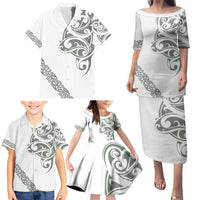 All White Maori Tribal Tattoo Personalised Family Matching Puletasi and Hawaiian Shirt Moss Green Polynesian Style - Polynesian Pride