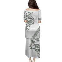 All White Maori Tribal Tattoo Personalised Family Matching Puletasi and Hawaiian Shirt Moss Green Polynesian Style - Polynesian Pride