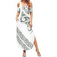 All White Maori Tribal Tattoo Personalised Family Matching Summer Maxi Dress and Hawaiian Shirt Moss Green Polynesian Style - Polynesian Pride