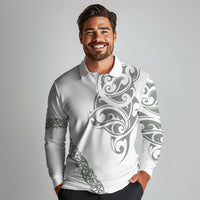 All White Maori Tribal Tattoo Personalised Long Sleeve Polo Shirt Moss Green Polynesian Style - Polynesian Pride