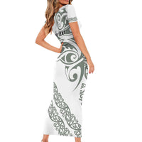 All White Maori Tribal Tattoo Personalised Short Sleeve Bodycon Dress Moss Green Polynesian Style - Polynesian Pride