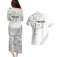 All White Maori Tribal Tattoo Personalised Couples Matching Puletasi and Hawaiian Shirt Stone Gray Polynesian Style - Polynesian Pride