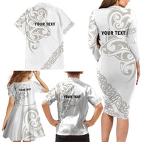 All White Maori Tribal Tattoo Personalised Family Matching Long Sleeve Bodycon Dress and Hawaiian Shirt Stone Gray Polynesian Style - Polynesian Pride