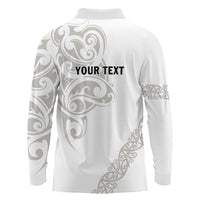 All White Maori Tribal Tattoo Personalised Long Sleeve Polo Shirt Stone Gray Polynesian Style - Polynesian Pride