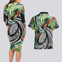 Polynesian Pacific Rugby Tribal Couples Matching Long Sleeve Bodycon Dress and Hawaiian Shirt Tropical Vibe