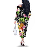 Hau'oli Makahiki Hou Family Matching Off The Shoulder Long Sleeve Dress and Hawaiian Shirt Aloha Pineapple Tropical Vibe