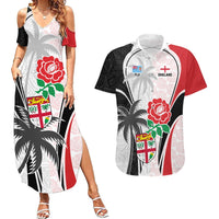 Custom Fiji England Rugby Couples Matching Summer Maxi Dress and Hawaiian Shirt Tapa Pattern and Rose Flower World Cup 2023 LT9 White - Polynesian Pride
