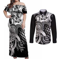 Aloha Black Tribal Honu Tattoo Couples Matching Off Shoulder Maxi Dress and Long Sleeve Button Shirt