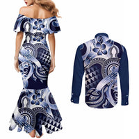 Aloha Blue Tribal Honu Tattoo Couples Matching Mermaid Dress and Long Sleeve Button Shirt