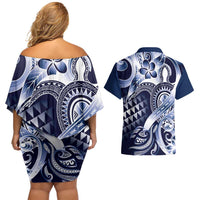 Aloha Blue Tribal Honu Tattoo Couples Matching Off Shoulder Short Dress and Hawaiian Shirt