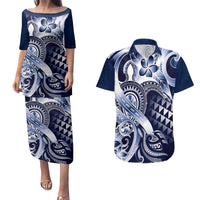 Aloha Blue Tribal Honu Tattoo Couples Matching Puletasi and Hawaiian Shirt