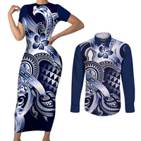 Aloha Blue Tribal Honu Tattoo Couples Matching Short Sleeve Bodycon Dress and Long Sleeve Button Shirt