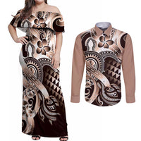 Aloha Mocha Mousse Tribal Honu Tattoo Couples Matching Off Shoulder Maxi Dress and Long Sleeve Button Shirt