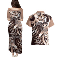 Aloha Mocha Mousse Tribal Honu Tattoo Couples Matching Puletasi and Hawaiian Shirt