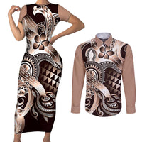 Aloha Mocha Mousse Tribal Honu Tattoo Couples Matching Short Sleeve Bodycon Dress and Long Sleeve Button Shirt