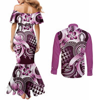 Aloha Pink Tribal Honu Tattoo Couples Matching Mermaid Dress and Long Sleeve Button Shirt