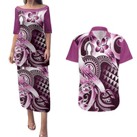 Aloha Pink Tribal Honu Tattoo Couples Matching Puletasi and Hawaiian Shirt