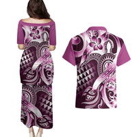 Aloha Pink Tribal Honu Tattoo Couples Matching Puletasi and Hawaiian Shirt