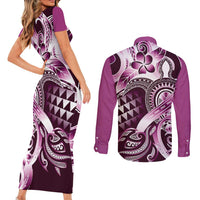 Aloha Pink Tribal Honu Tattoo Couples Matching Short Sleeve Bodycon Dress and Long Sleeve Button Shirt