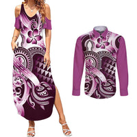 Aloha Pink Tribal Honu Tattoo Couples Matching Summer Maxi Dress and Long Sleeve Button Shirt